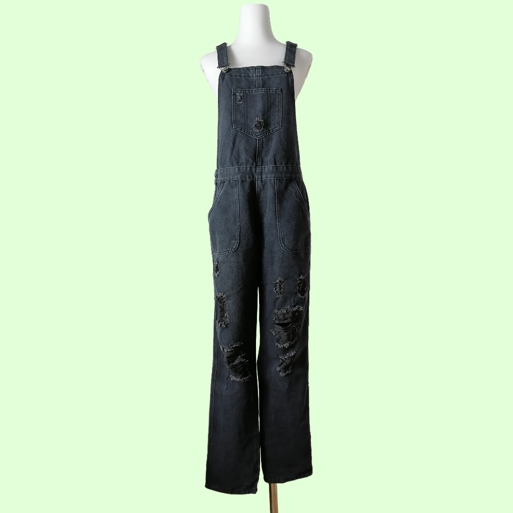🐨 black washed denim ripped overalls